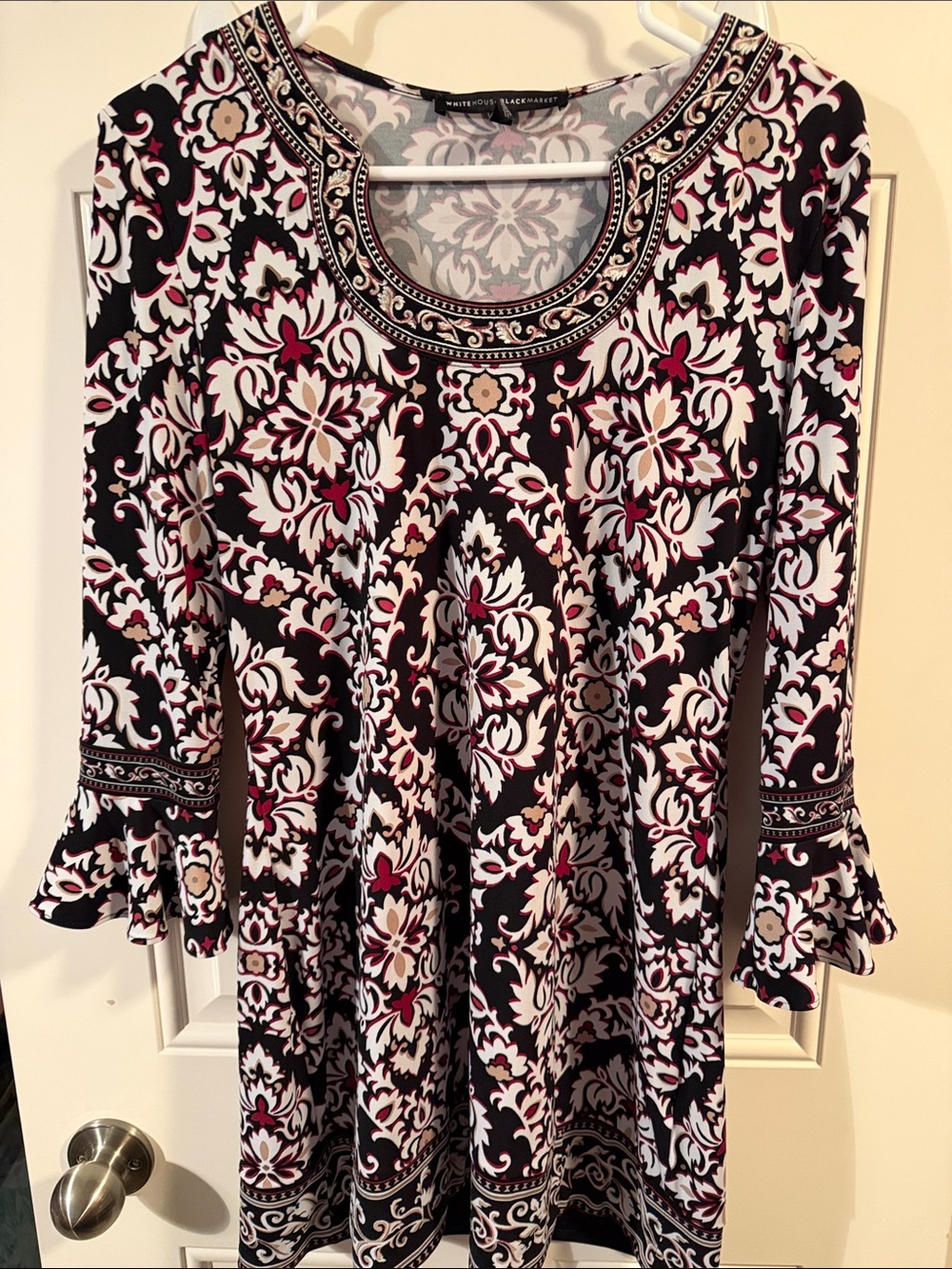 White House Black Market Black, White & Pink Floral-Scroll Tunic Top